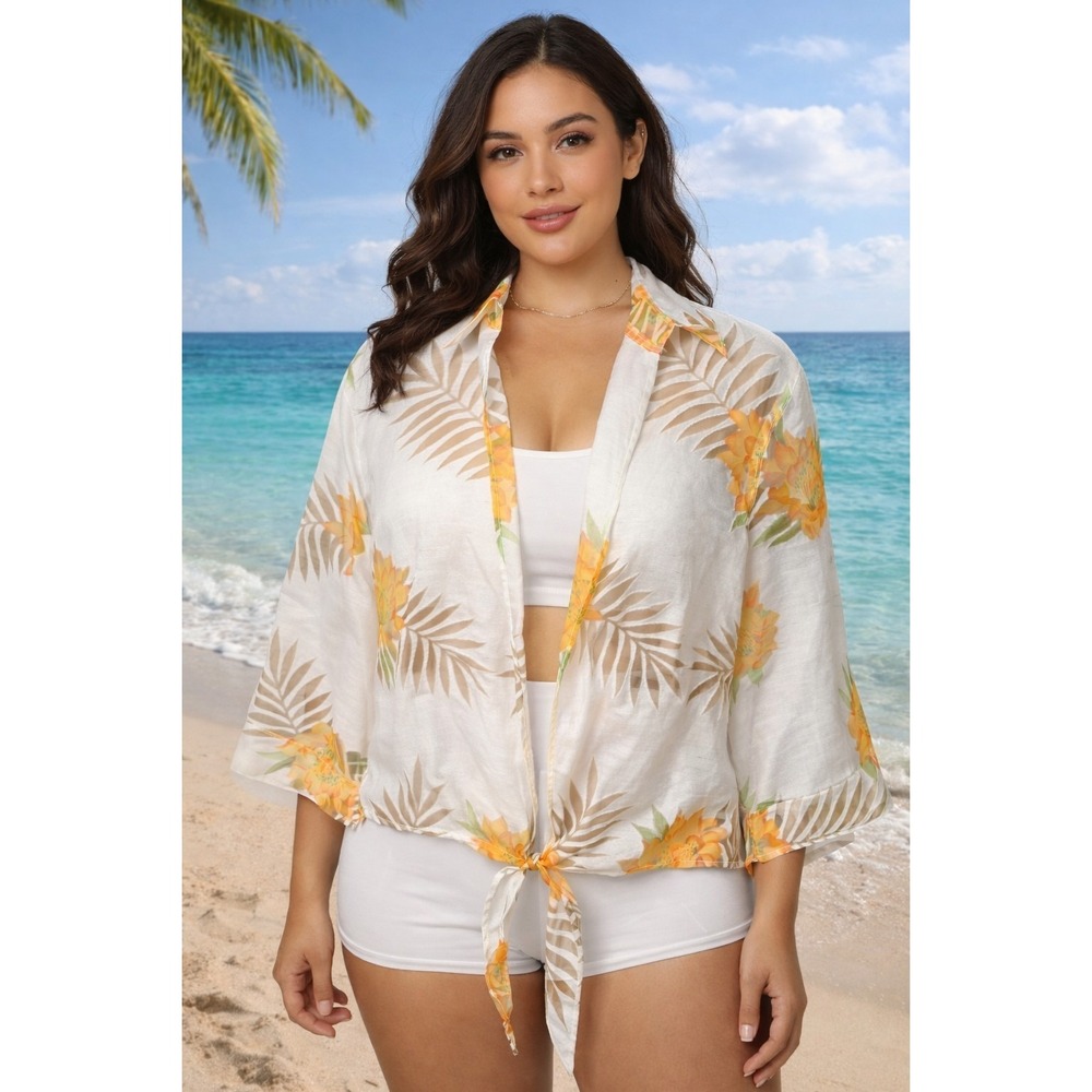 BANANA BAY Sheer Tropical Resortwear Blouse Coverup Floral Size Large -2728